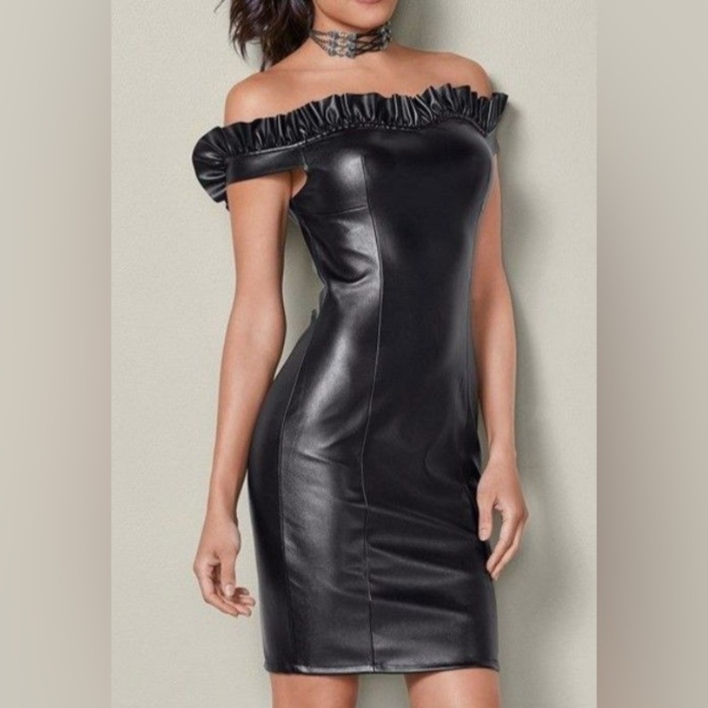 Venus Faux Leather Black Off Shoulder Ruffle Bodycon Mini Dress Cocktail Party 4